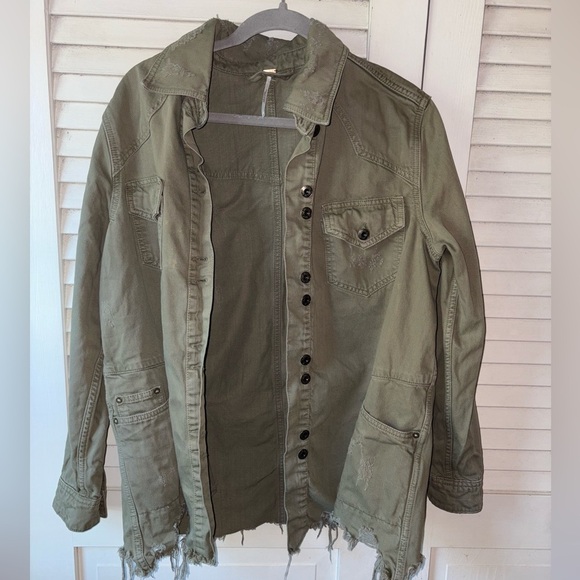 Free People Moonchild Military Jacket Olive Green Small Distressed Hem - Picture 4 of 6
